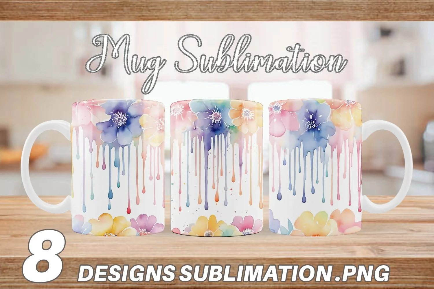 Watercolor Flowers Dripping Mug sublimation design product image 1