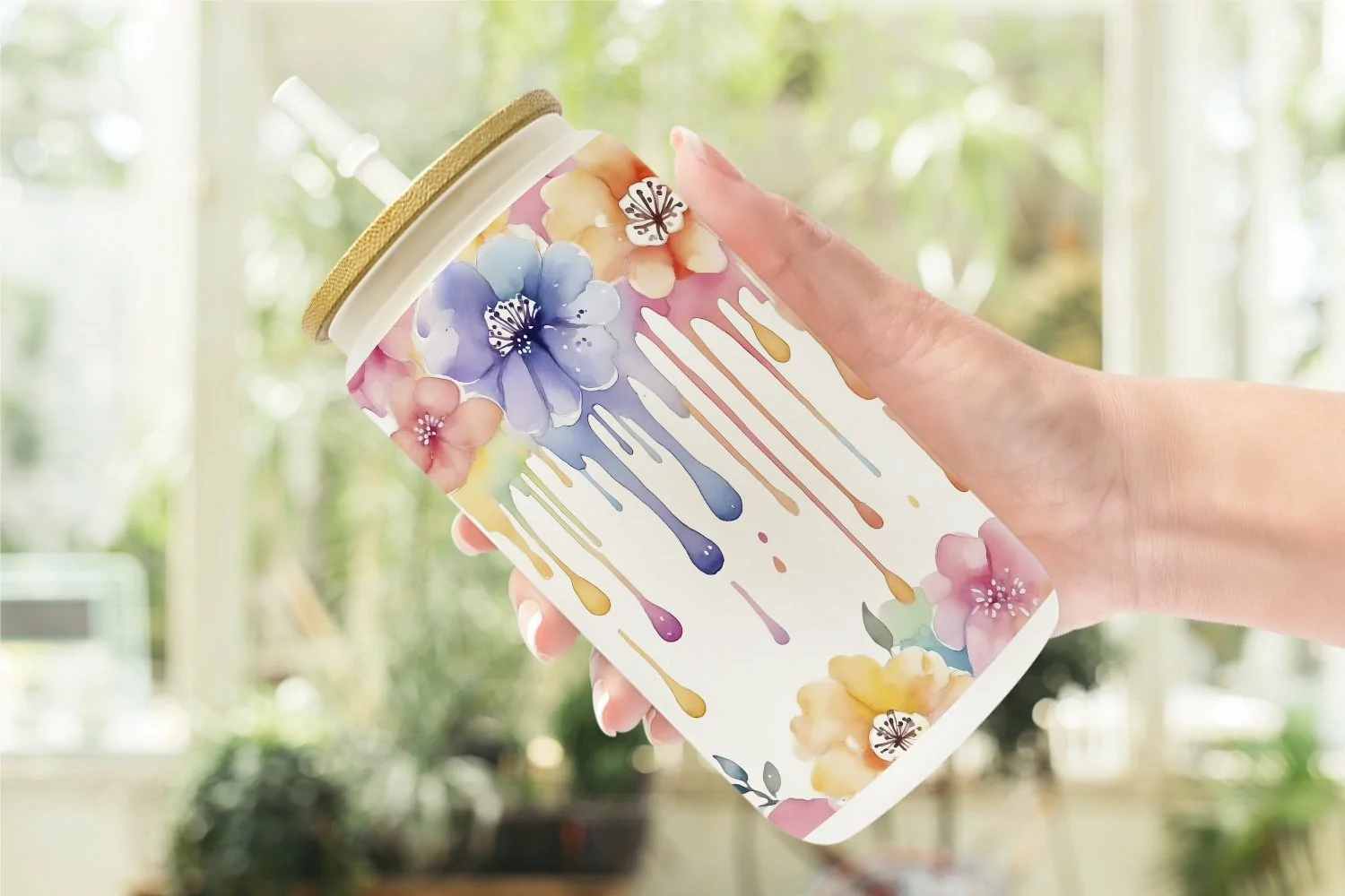Watercolor Flowers Dripping Glass Can Wraps product image 1
