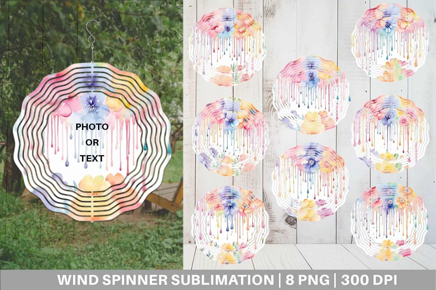 Wind Spinner Watercolor Flowers Dripping | Sublimation product image 1