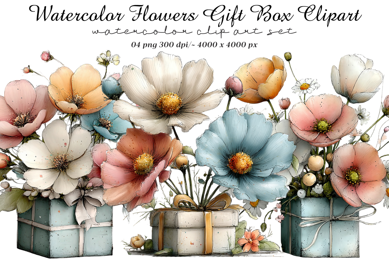 Watercolor Flowers Gift Box Clipart product image 1