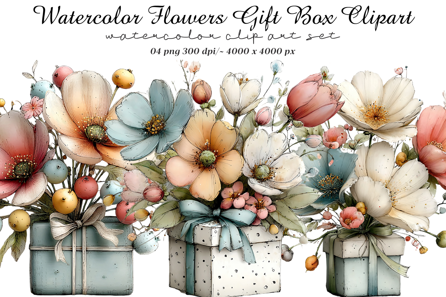 Watercolor Flowers Gift Box Clipart product image 1