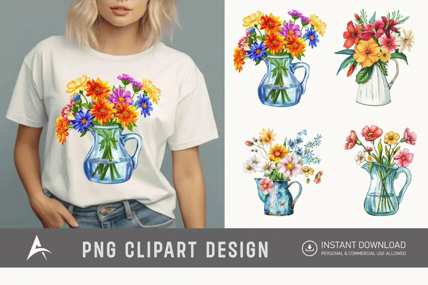 Watercolor Flowers in Water Jug Clipart product image 1