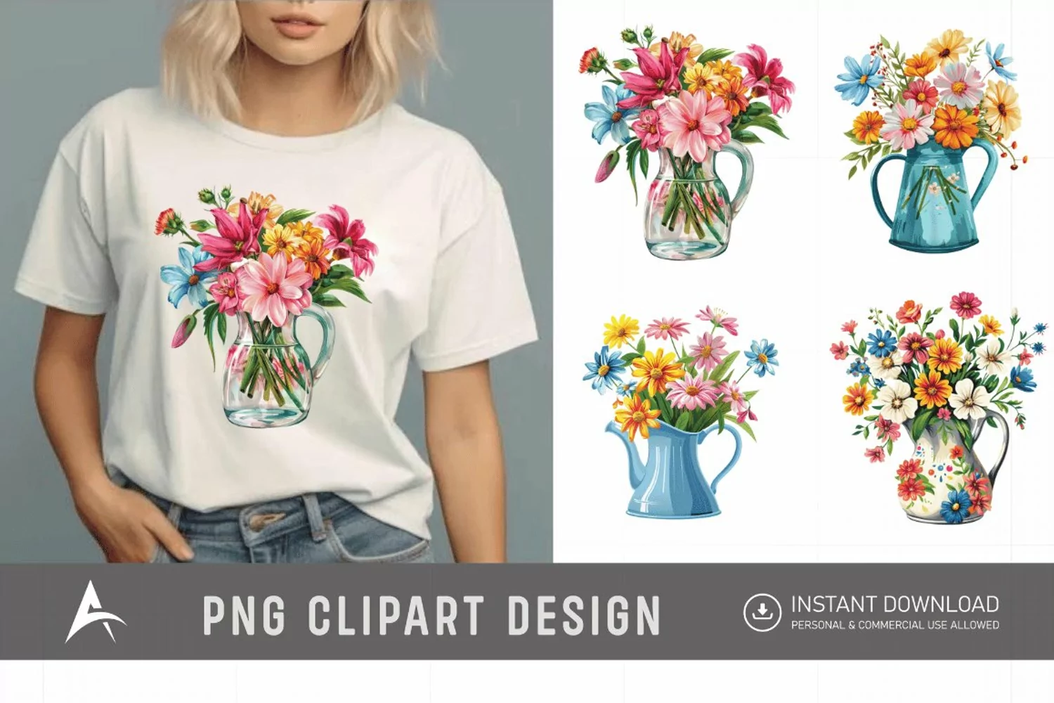 Watercolor Flowers in Water Jug Clipart product image 1