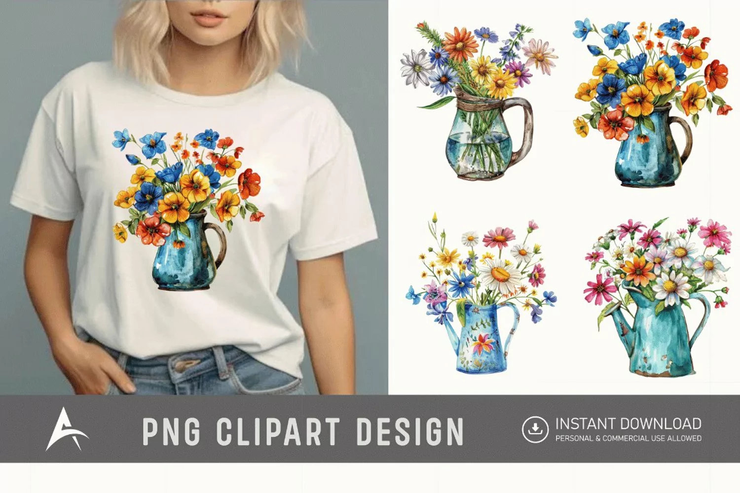 Watercolor Flowers in Water Jug Clipart product image 1