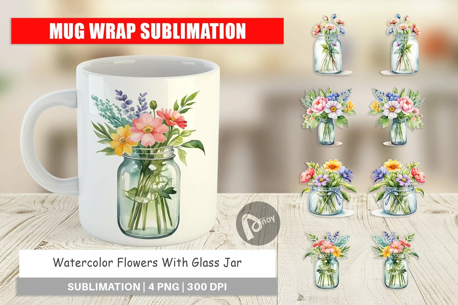 Mug sublimation design Flowers With Glass Jar product image 1