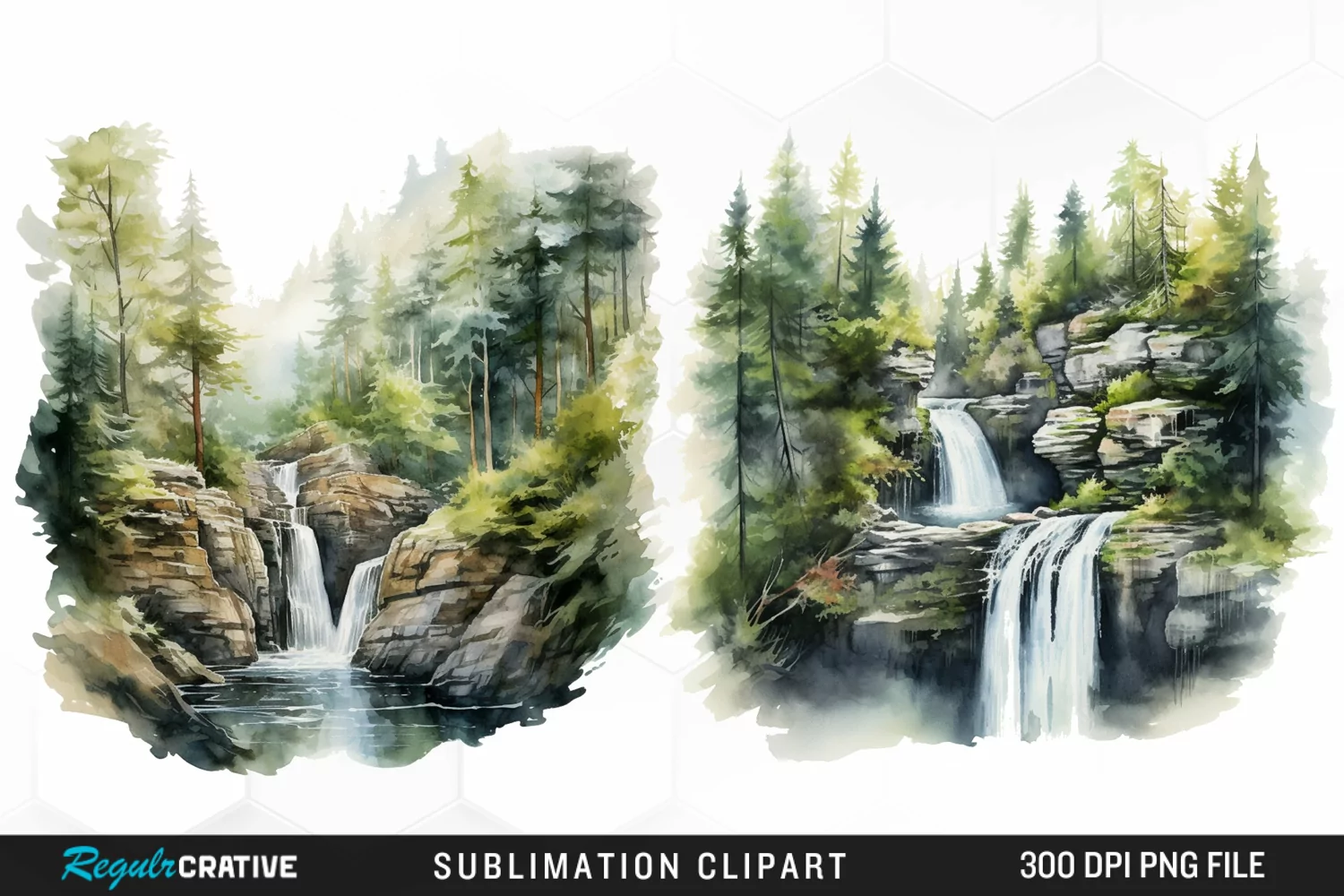 Watercolor Forest Waterfalls Graphics Clipart product image 1
