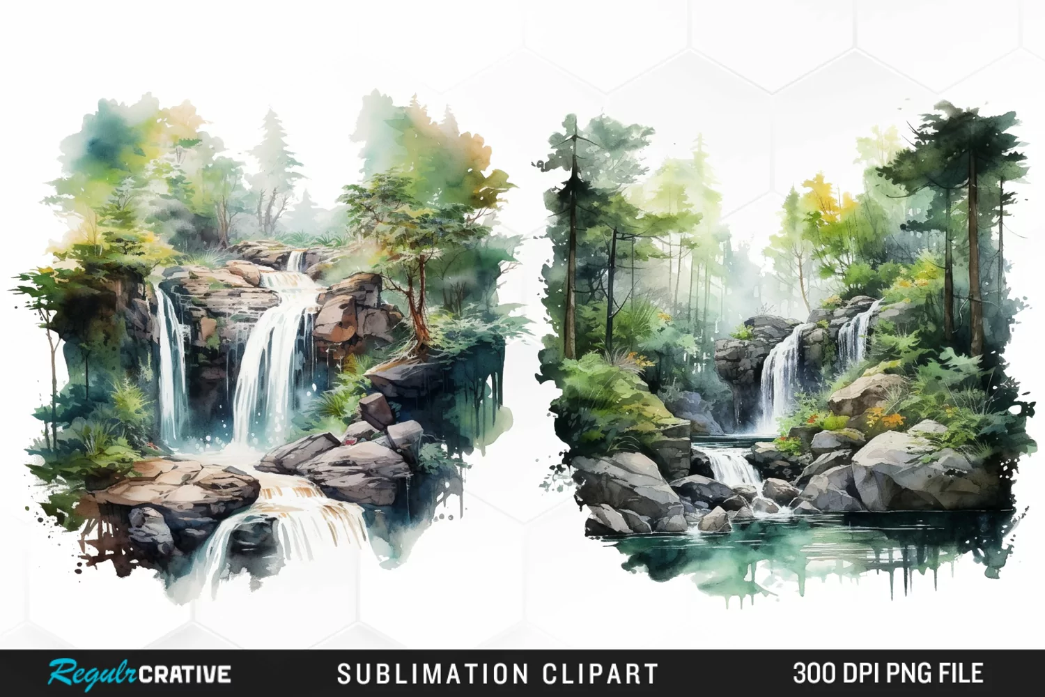 Watercolor Forest Waterfalls Graphics Clipart product image 1