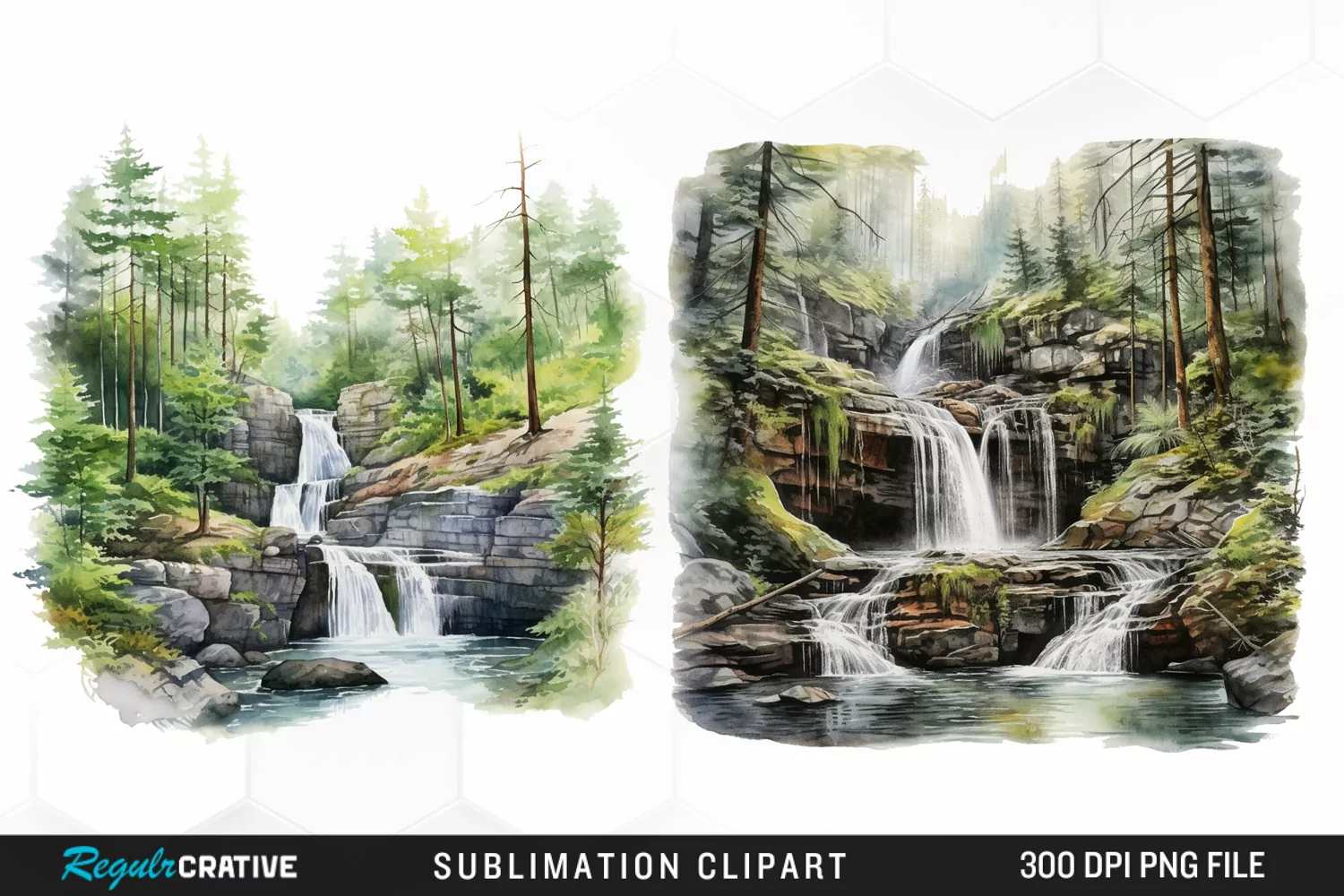 Watercolor Forest Waterfalls Graphics Clipart product image 1