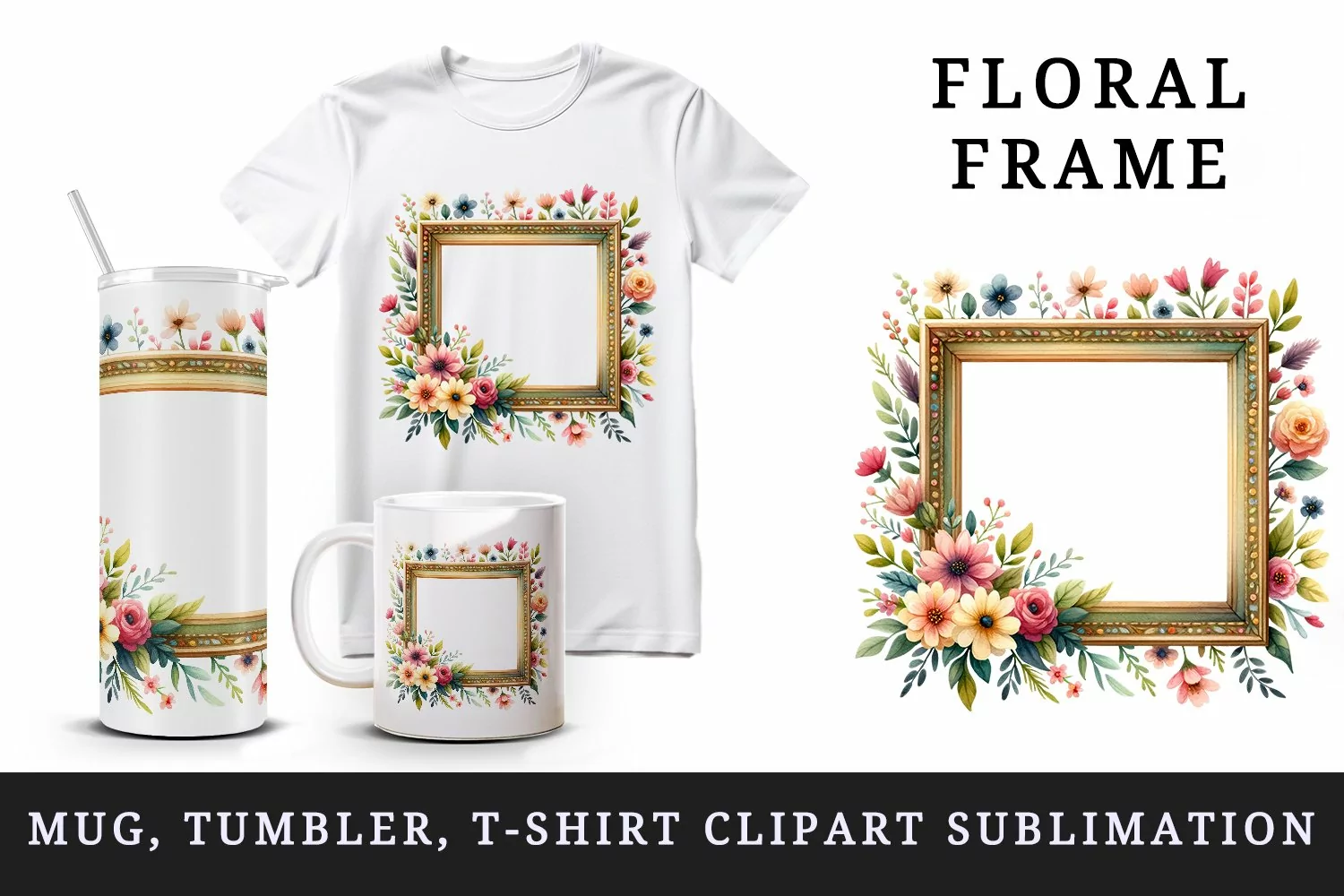 Watercolor frame with flowers floral border for custom photo summer spring print tumbler skinny mug wrap clipart t-shirt sublimation printable design