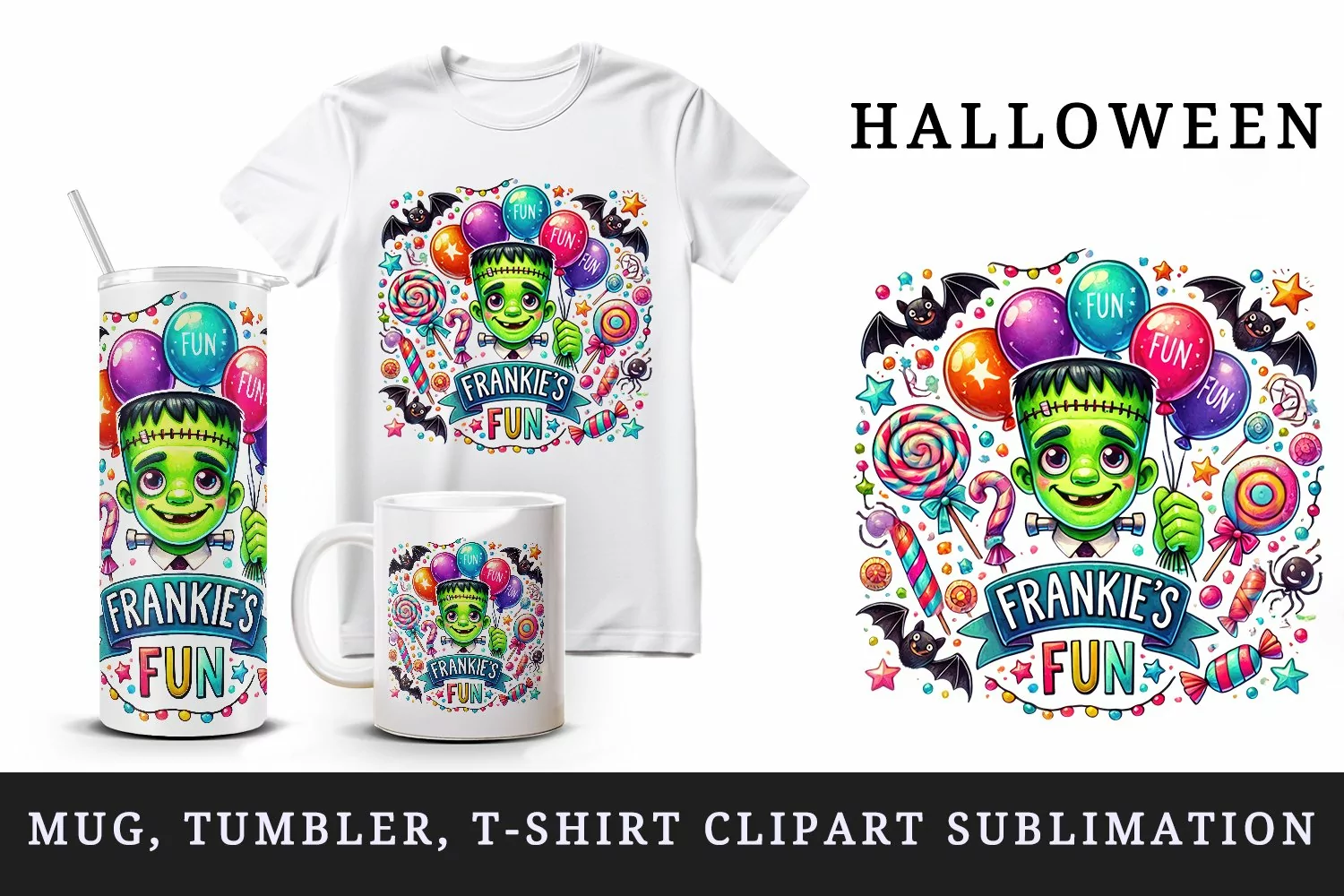 Watercolor Frankenstein balloons bats candy Frankie Fun Halloween quote print tumbler skinny mug wrap clipart t-shirt sublimation printable design