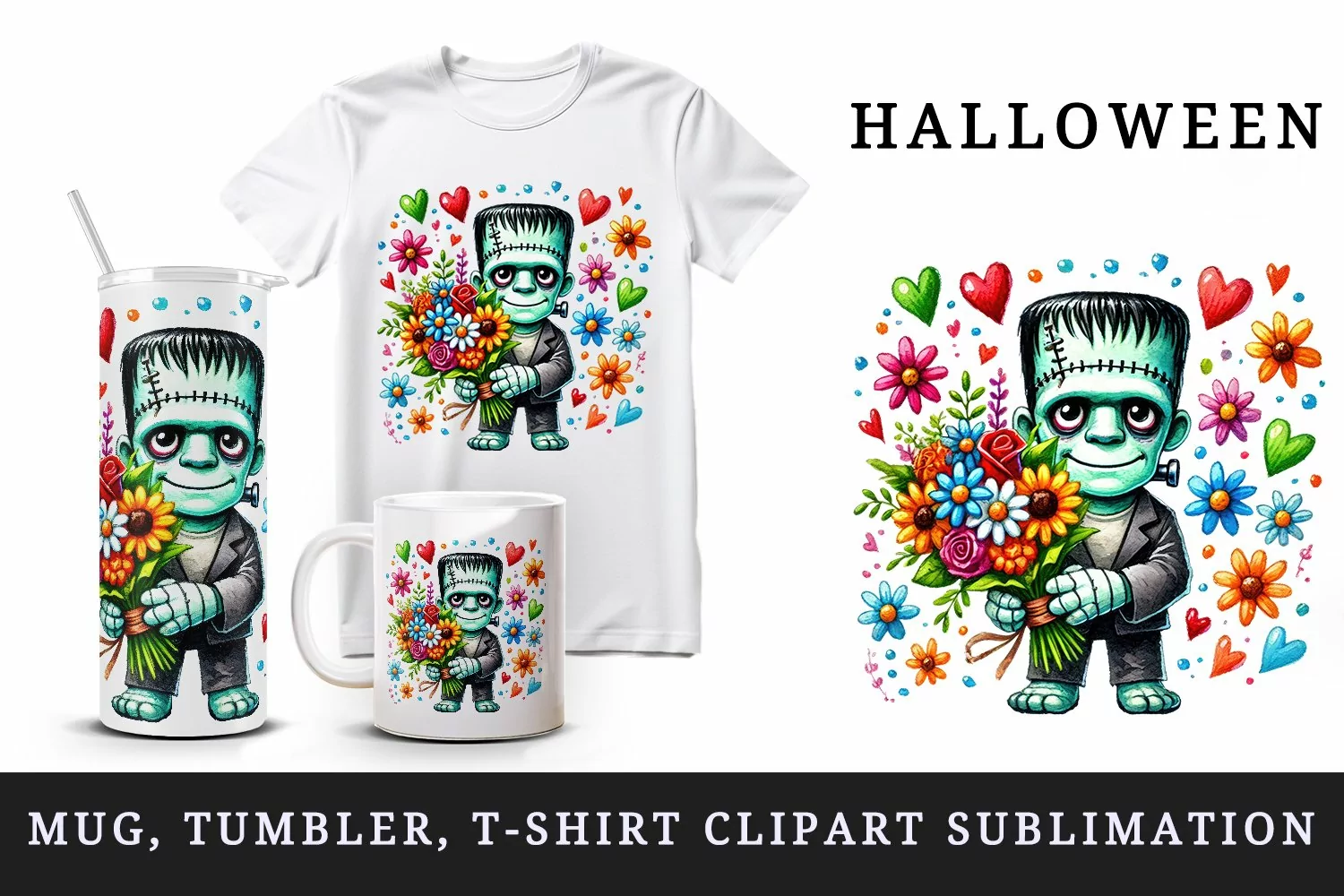 Watercolor Frankenstein monster bouquet of flowers Halloween print 20 oz tumbler skinny mug wrap clipart t-shirt sublimation printable design