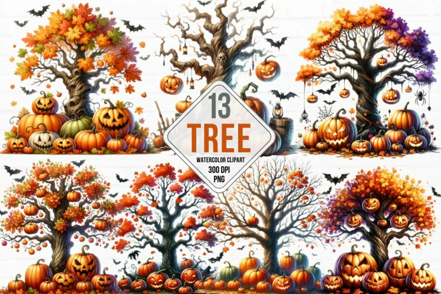watercolor halloween tree clipart, tree sublimation product image 1
