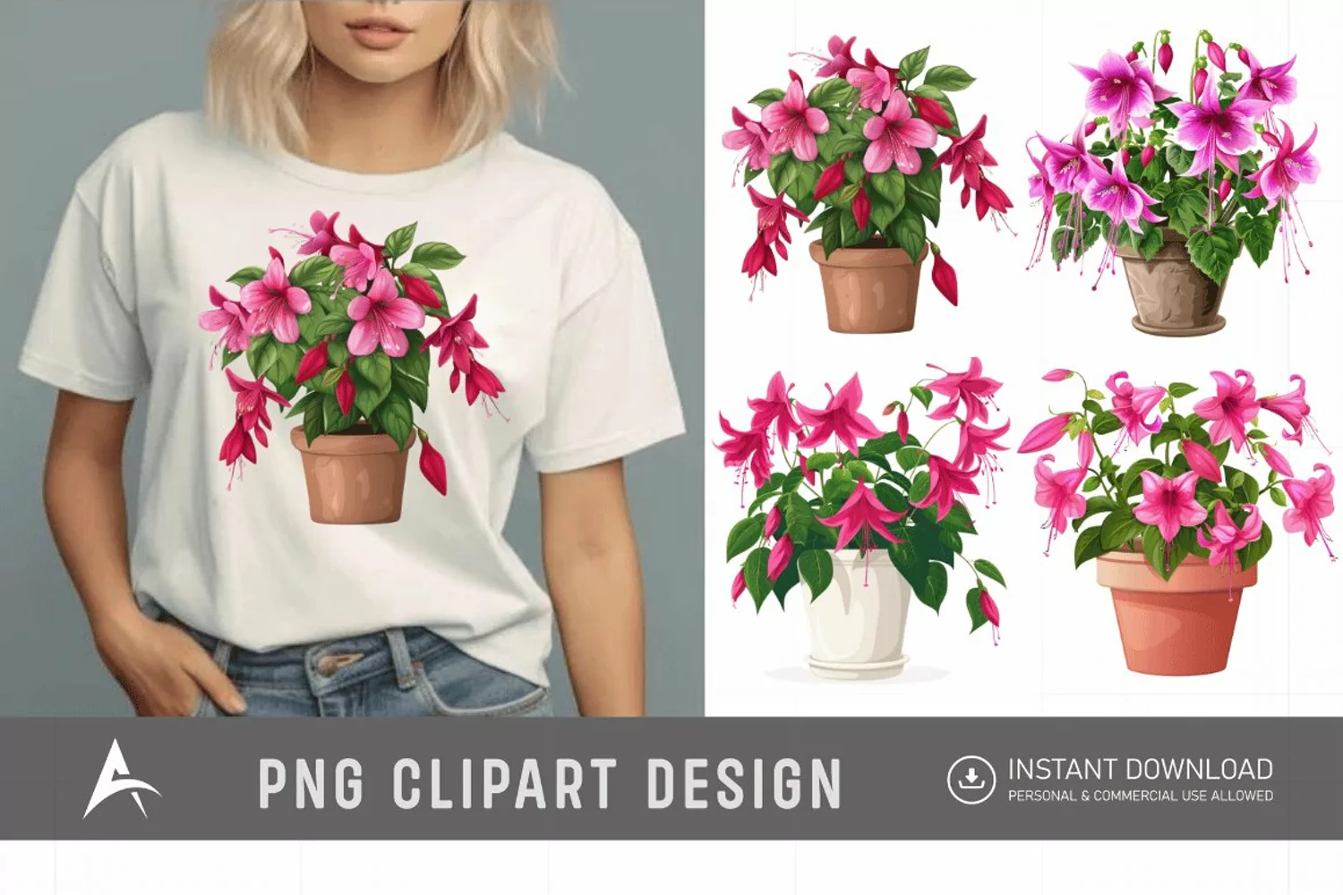 Watercolor Fuchsia Flowers in Pots Clipart product image 1