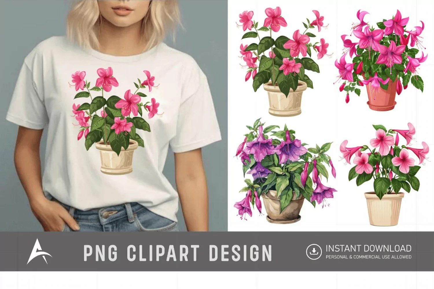 Watercolor Fuchsia Flowers in Pots Clipart product image 1