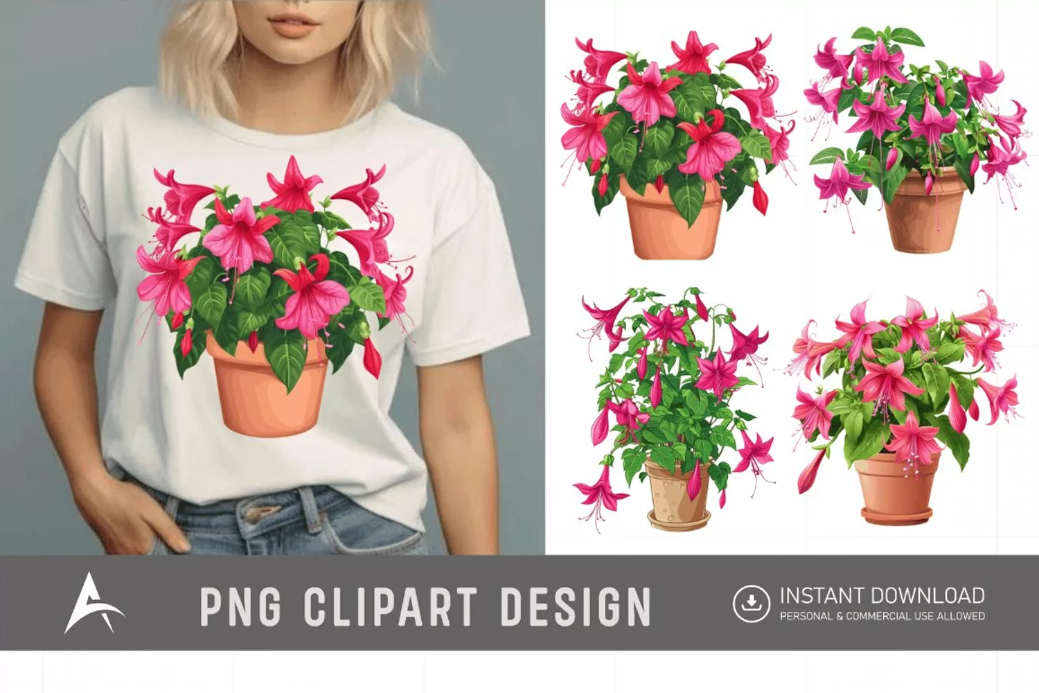Watercolor Fuchsia Flowers in Pots Clipart product image 1