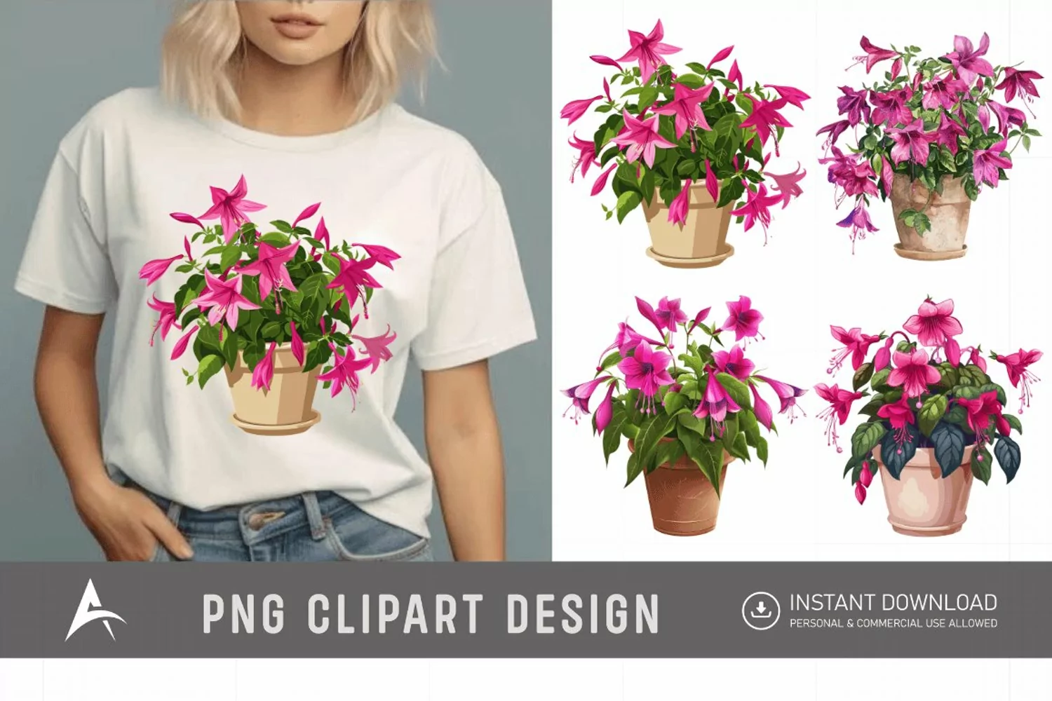 Watercolor Fuchsia Flowers in Pots Clipart product image 1
