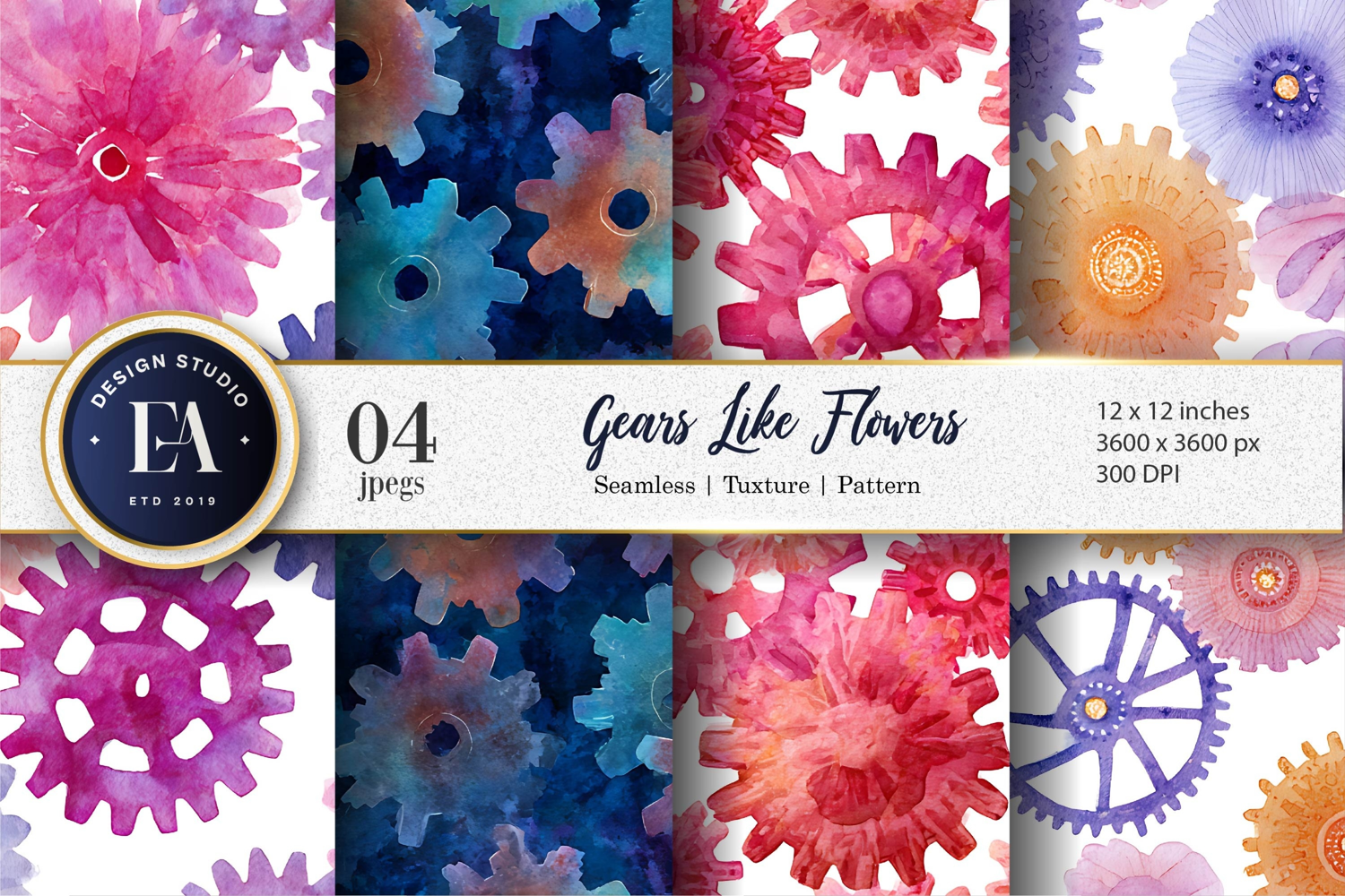 Quirky Watercolor Gears and Flowers Blend Digital Paper product image 1