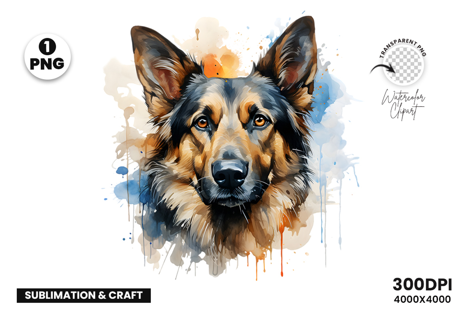 Watercolor German Shepherd Dog Clipart Sublimation Design product image 1