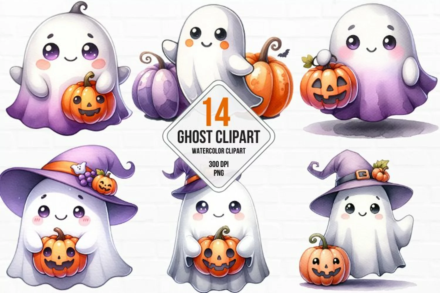 watercolor ghost clipart, cute ghost sublimation product image 1