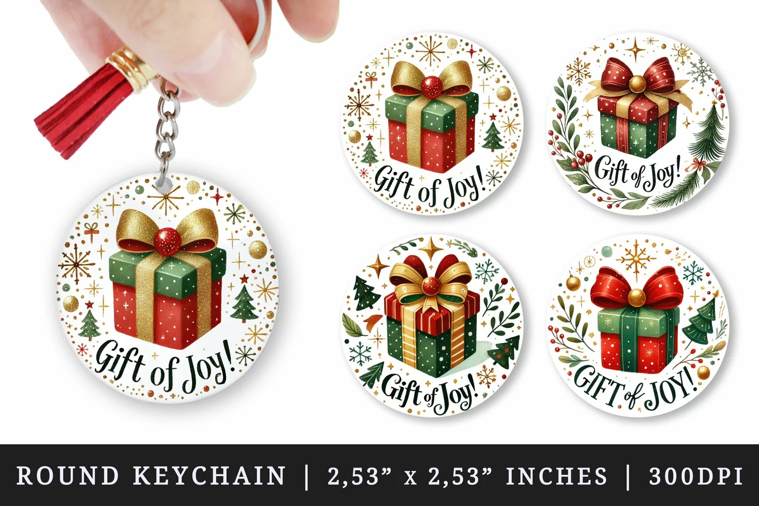 Watercolor gift box present with bow sparkles snowflakes Gift of Joy quote Christmas New Year winter print round keychain keychains sublimation design