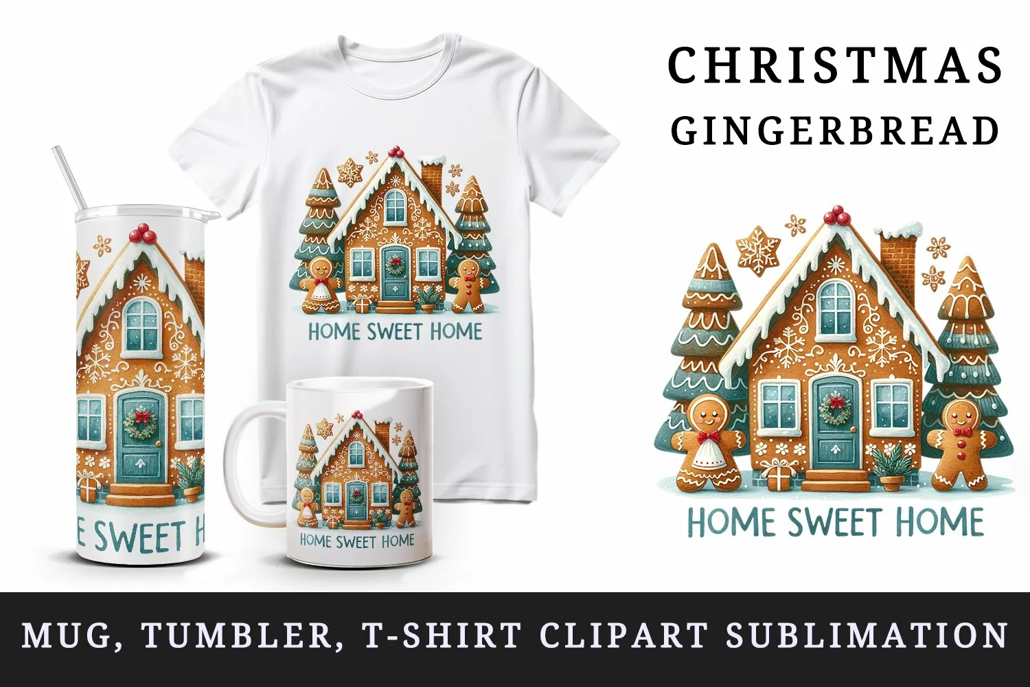 Watercolor gingerbread house trees man family Sweet Home quote Christmas print tumbler skinny mug wrap clipart t-shirt sublimation printable design