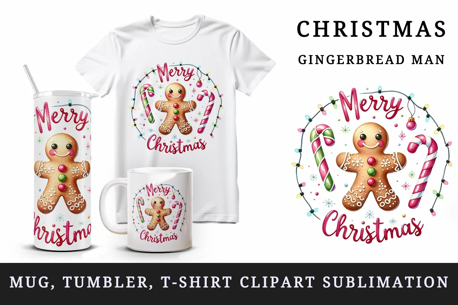 Watercolor gingerbread man lights candy canes Merry Christmas quote print 20 oz tumbler skinny mug wrap clipart t-shirt sublimation printable design