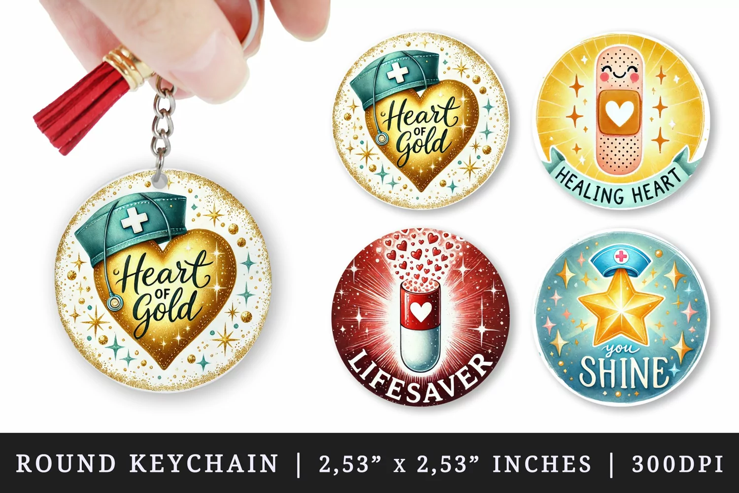 Watercolor golden heart glowing star cap capsule smiling bandage nurse nursery nursing quote print round keychain keychains sublimation design