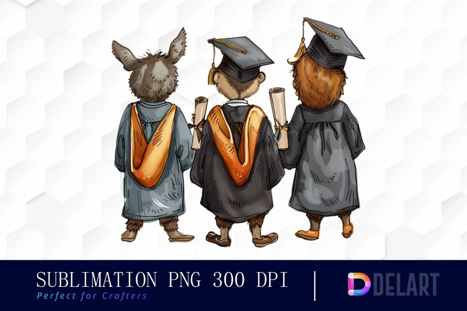 Graduation Animals Back View Watercolor Clipart product image 1