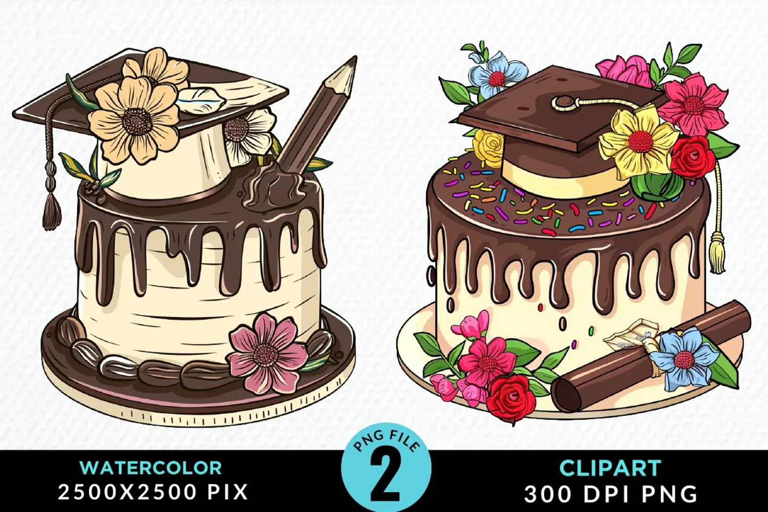 Watercolor Graduation Cake Sublimation PNG Clipart product image 1