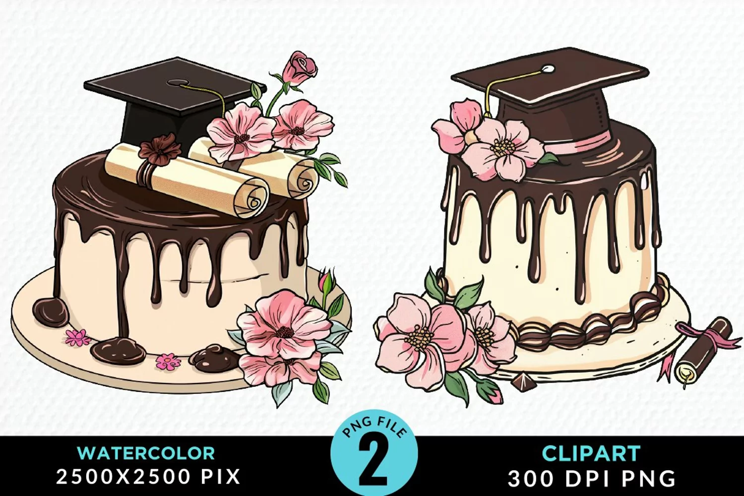 Watercolor Graduation Cake Sublimation PNG Clipart product image 1