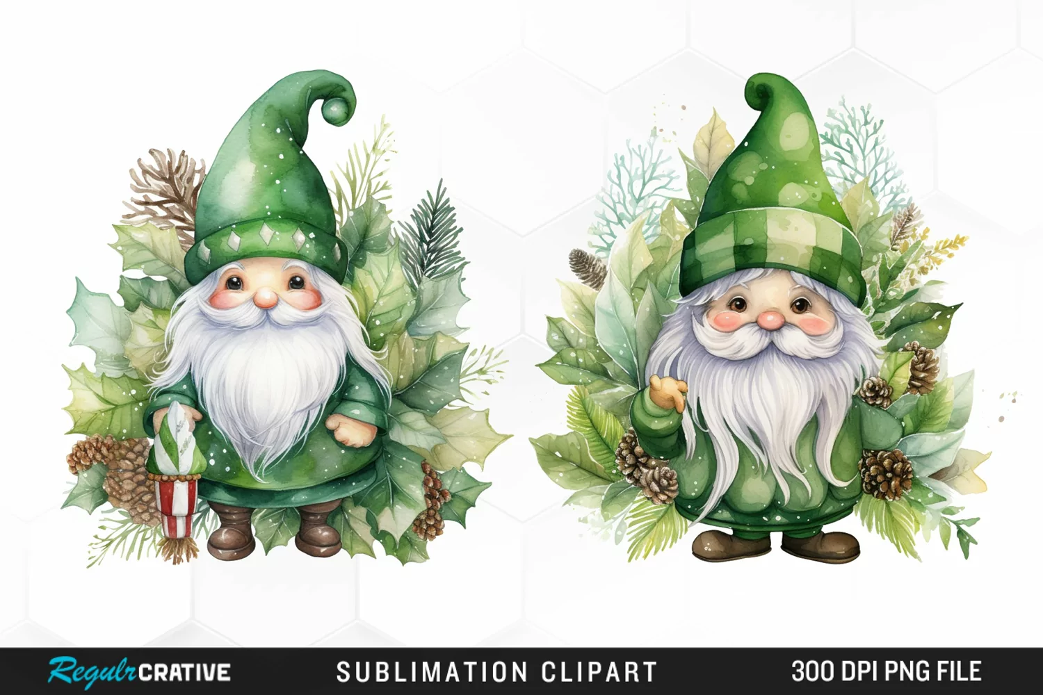 Watercolor Green Christmas Luxury Gnomes Exquisite Clipart product image 1