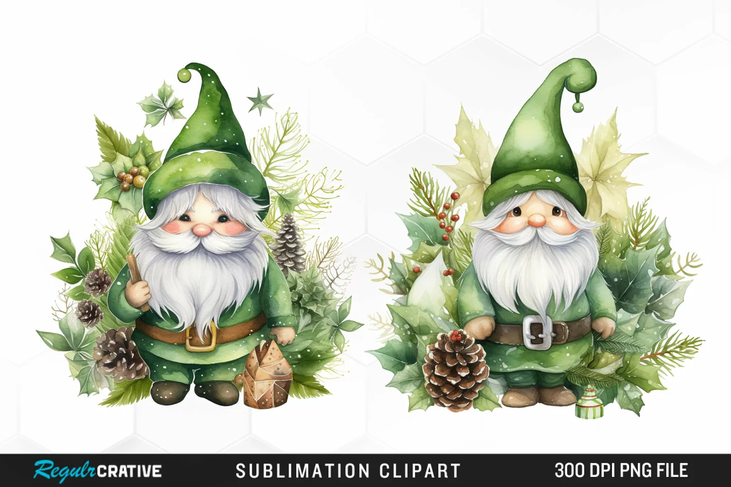 Watercolor Green Christmas Luxury Gnomes Exquisite Clipart product image 1