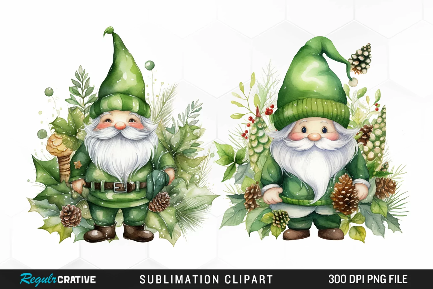 Watercolor Green Christmas Luxury Gnomes Exquisite Clipart product image 1