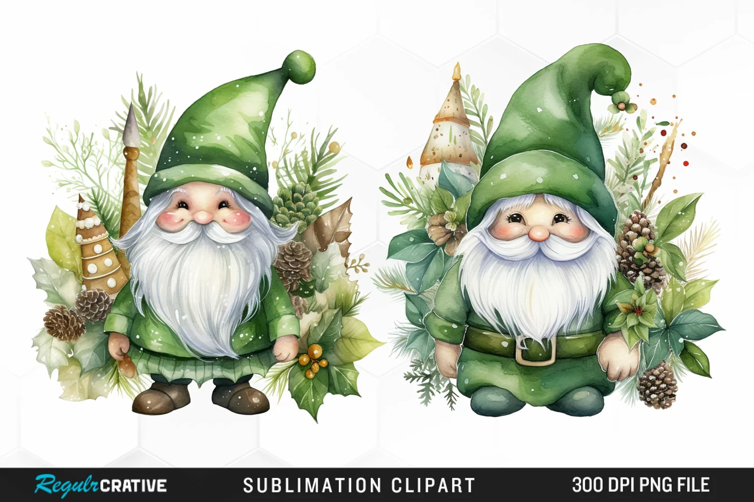 Watercolor Green Christmas Luxury Gnomes Exquisite Clipart product image 1