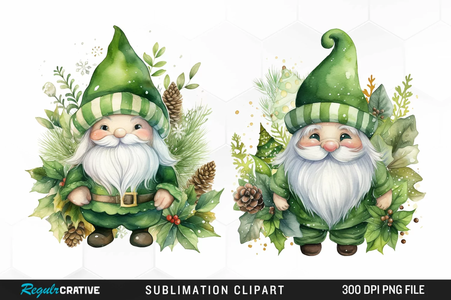 Watercolor Green Christmas Luxury Gnomes Exquisite Clipart product image 1