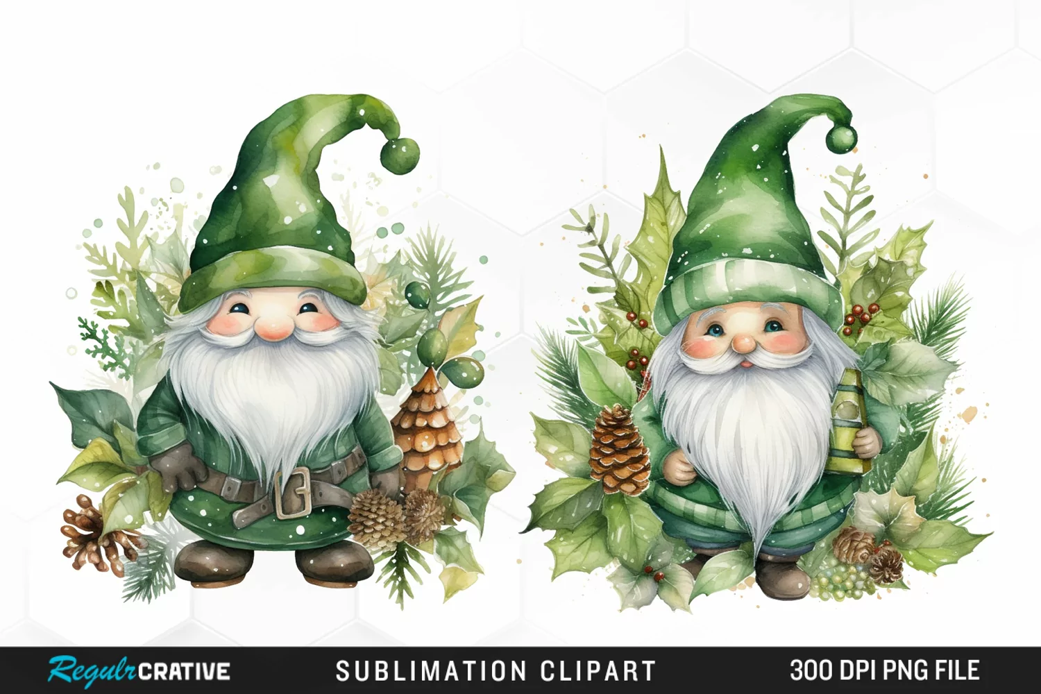 Watercolor Green Christmas Luxury Gnomes Exquisite Clipart product image 1