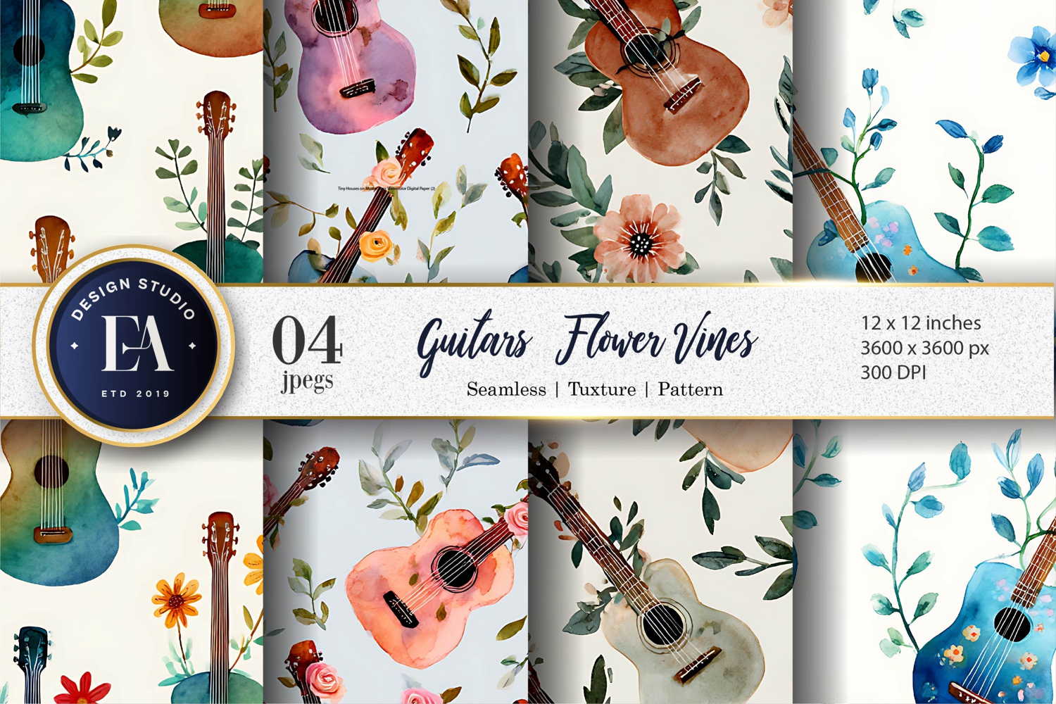 Guitars Wrapped in Floral Vines Digital Paper product image 1