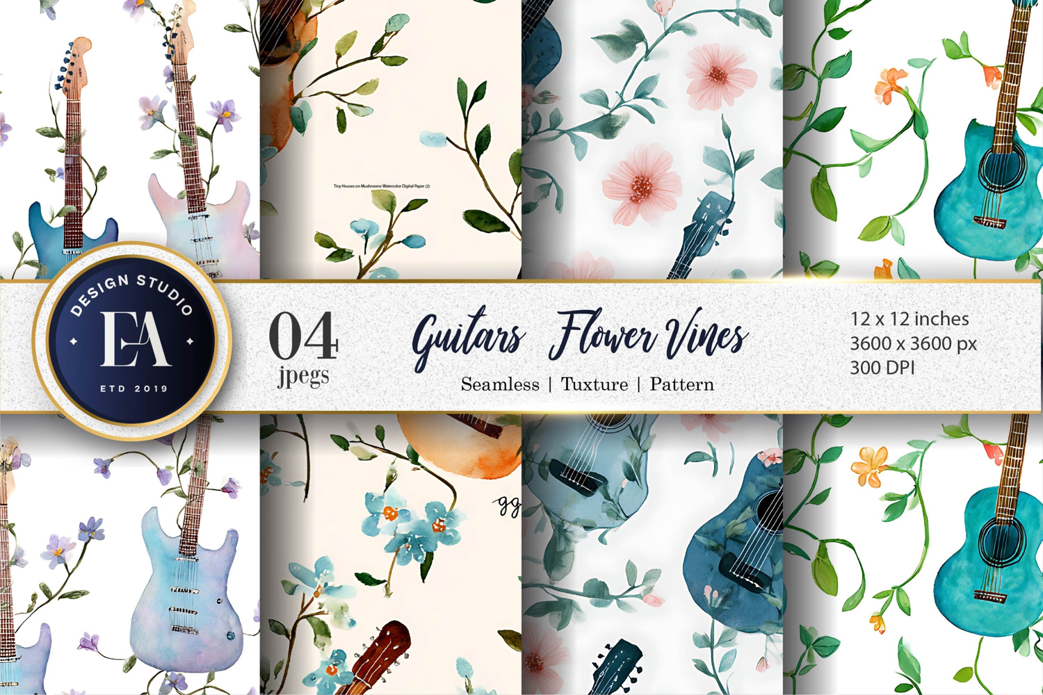 Musical Guitar Vines Seamless Watercolor Digital Paper product image 1