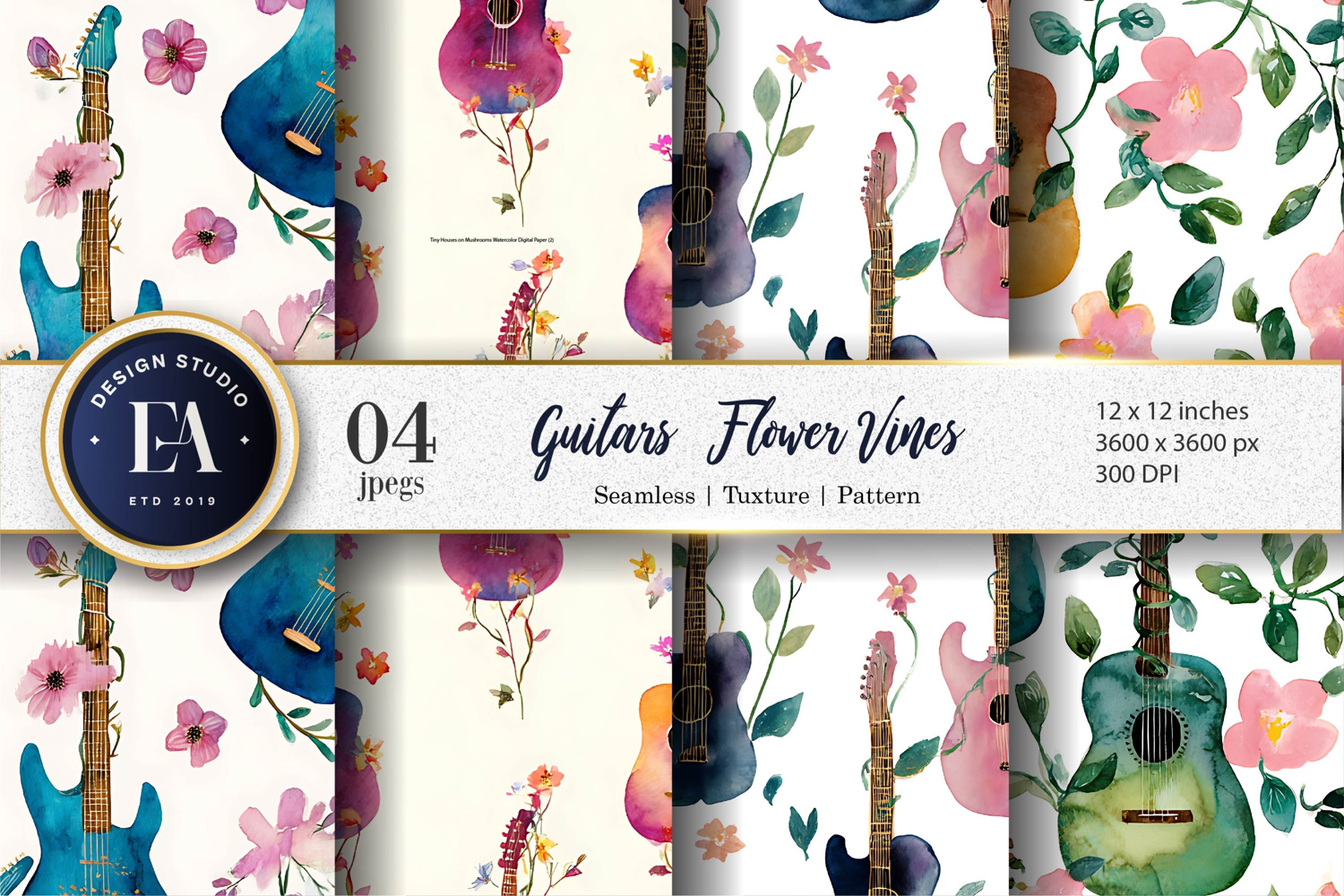 Musical Guitar Vines Seamless Watercolor Digital Paper product image 1