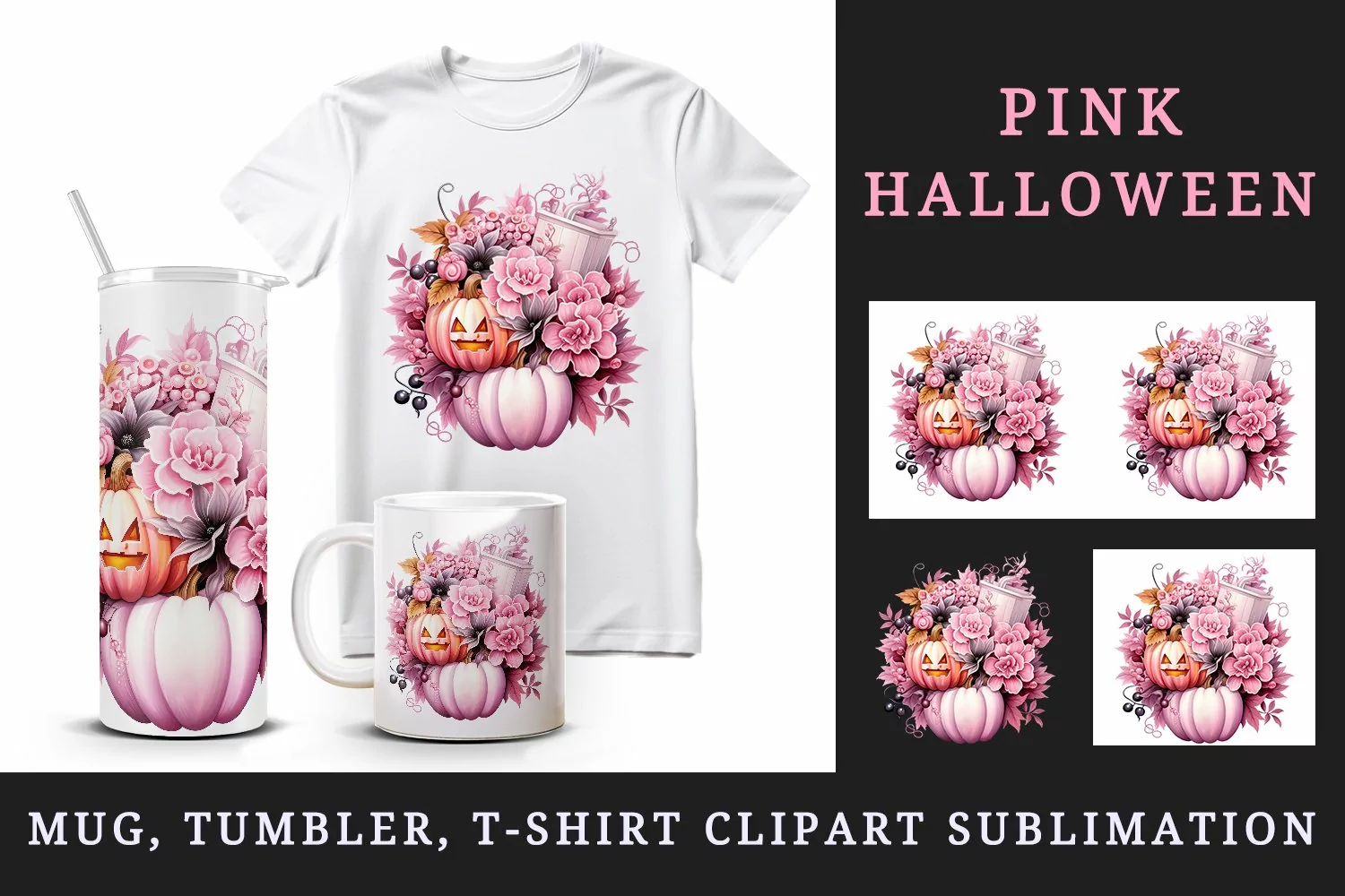 Watercolor Halloween floral pumpkin carving flowers roses Jack-o-lantern 20 oz tumbler skinny mug wrap clipart t-shirt sublimation printable design