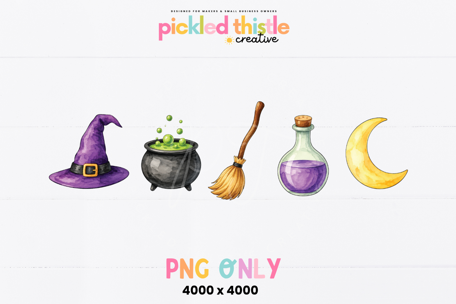 Watercolor witch PNG graphics featuring five coordinating magical elements in purple, green, gold and charcoal tones with hand-painted texture and softly shaded details.
