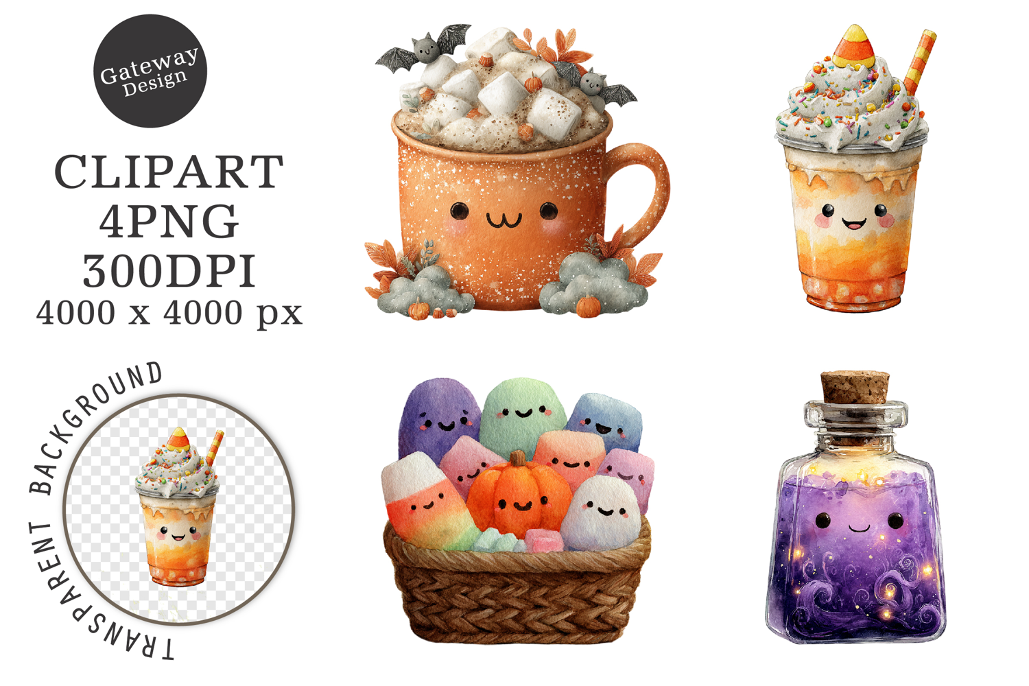 Watercolor Halloween Treats Or Drinks Clipart product image 1