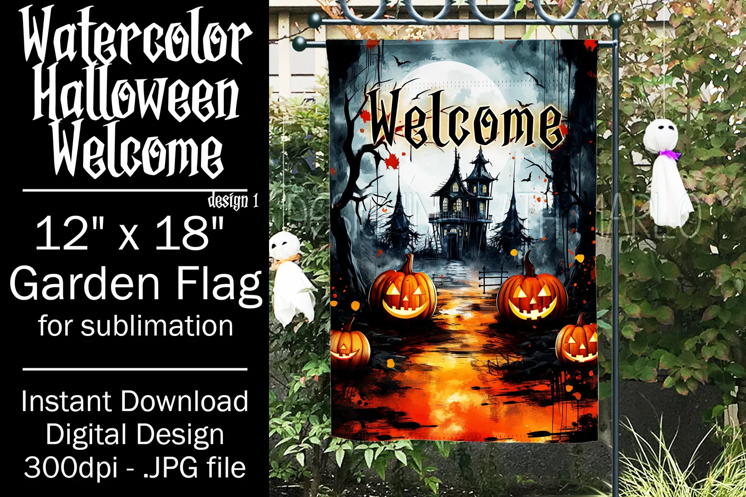 Halloween Garden Flag, Watercolor Halloween Welcome Flag product image 1