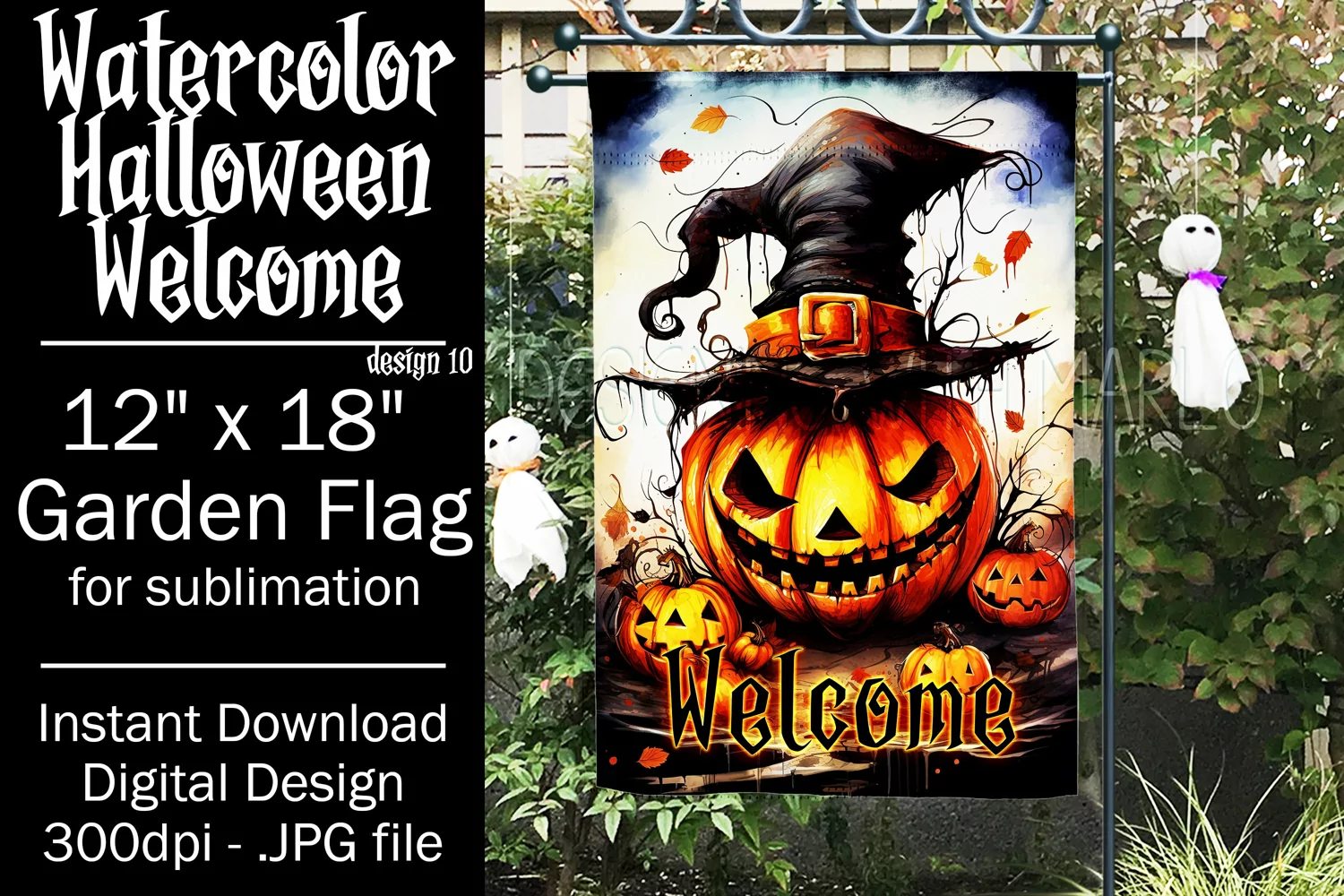 Halloween Garden Flag, Watercolor Halloween Welcome Flag product image 1