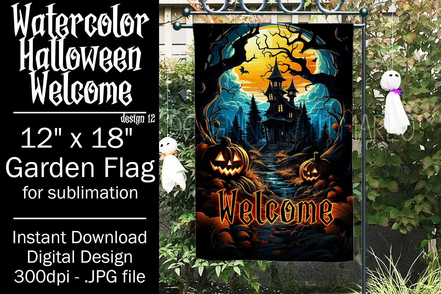 Halloween Garden Flag, Watercolor Halloween Welcome Flag product image 1