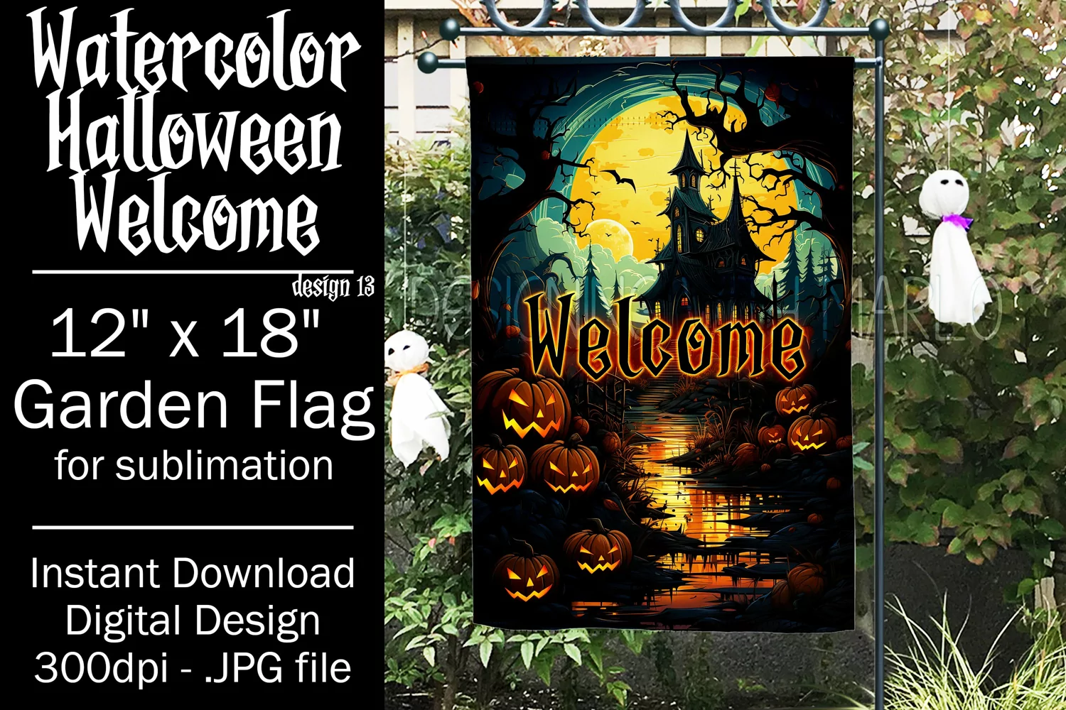 Halloween Garden Flag, Watercolor Halloween Welcome Flag product image 1