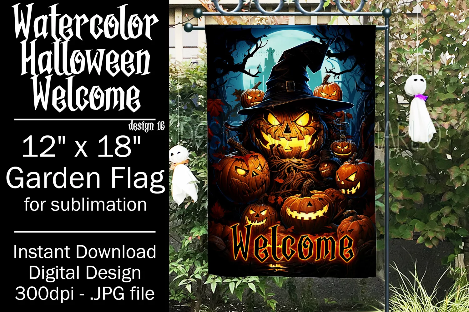Halloween Garden Flag, Watercolor Halloween Welcome Flag product image 1