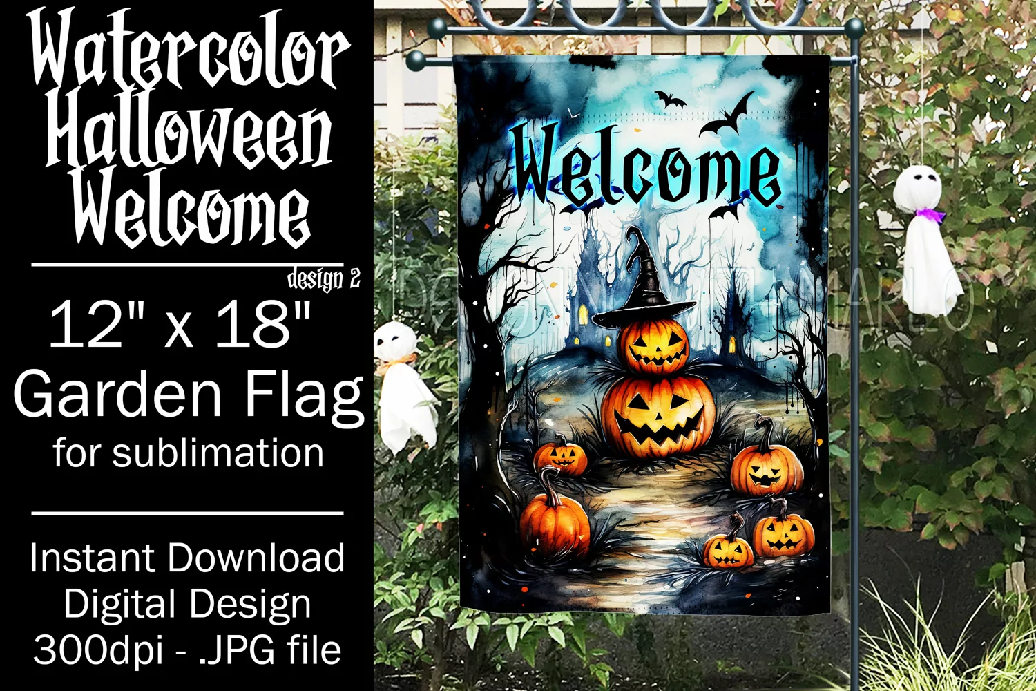 Halloween Garden Flag, Watercolor Halloween Welcome Flag product image 1