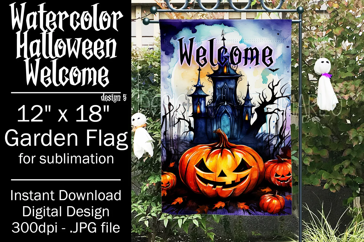 Halloween Garden Flag, Watercolor Halloween Welcome Flag product image 1