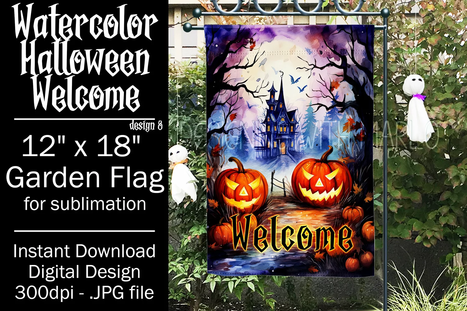 Halloween Garden Flag, Watercolor Halloween Welcome Flag product image 1
